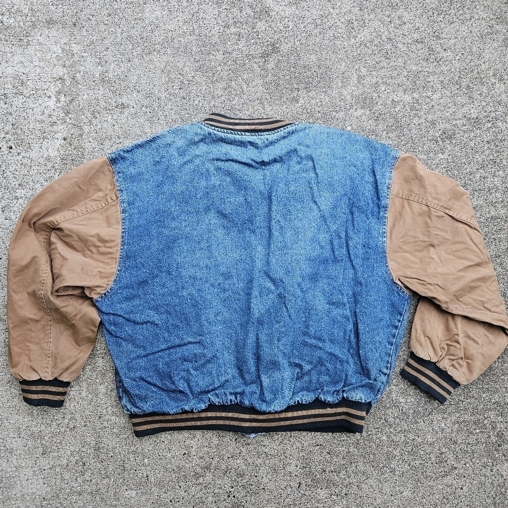 VTG 90s Dunbrooke Pace Denim Varsity Bomber Trucker Jacket Blue Tan Mens Size XL - Picture 16 of 16